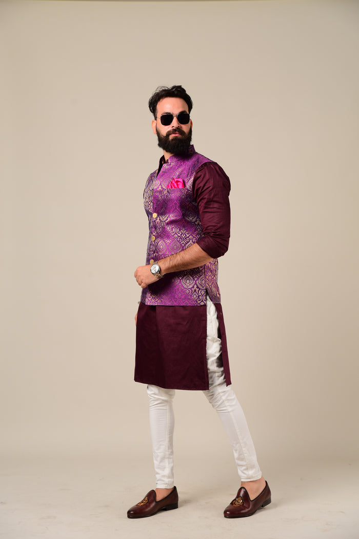 Handmade Elegant Maroon Kurta Pajama Set with Jam Purple Nehru Jacket | Open Day Functions Wedding Ceremonies Festivals Indian Dinner