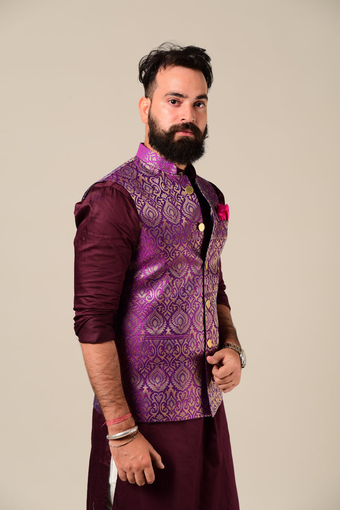 Handmade Elegant Maroon Kurta Pajama Set with Jam Purple Nehru Jacket | Open Day Functions Wedding Ceremonies Festivals Indian Dinner