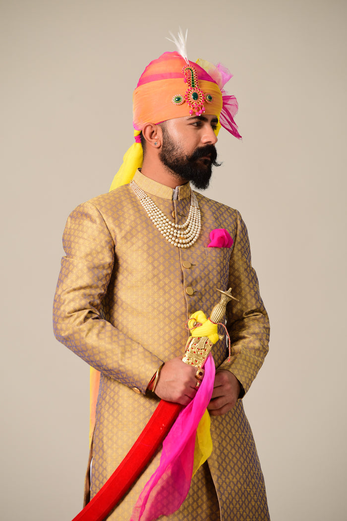 Handmade Golden and violet Brocade Silk  Achkan