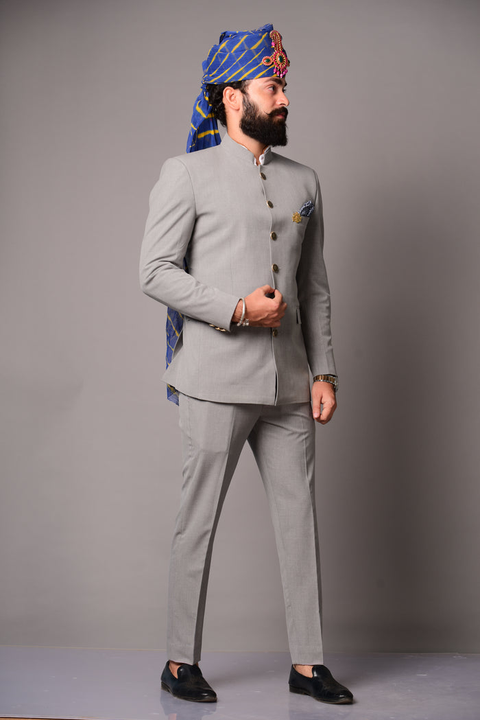 Handmade Modish Grey Jodhpuri Bandhgala Suit for Men
