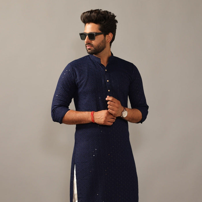 Handmade Navy Blue Chikankaari Embroidered Kurta Pajama Set