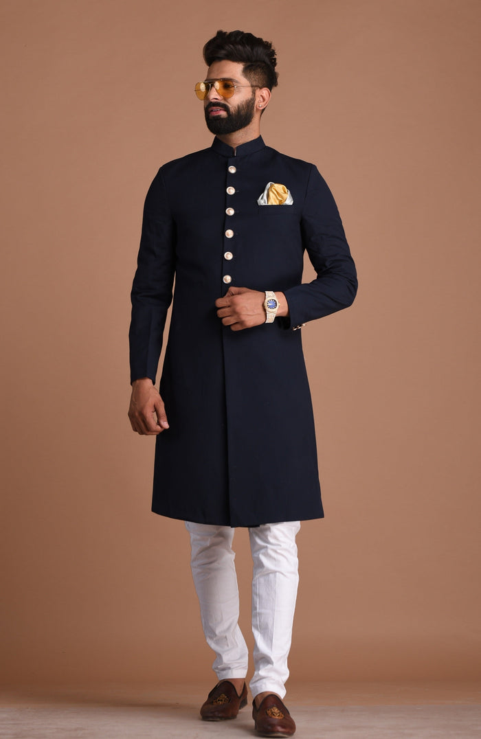 Handmade Navy Blue Maharaja Style Achkan