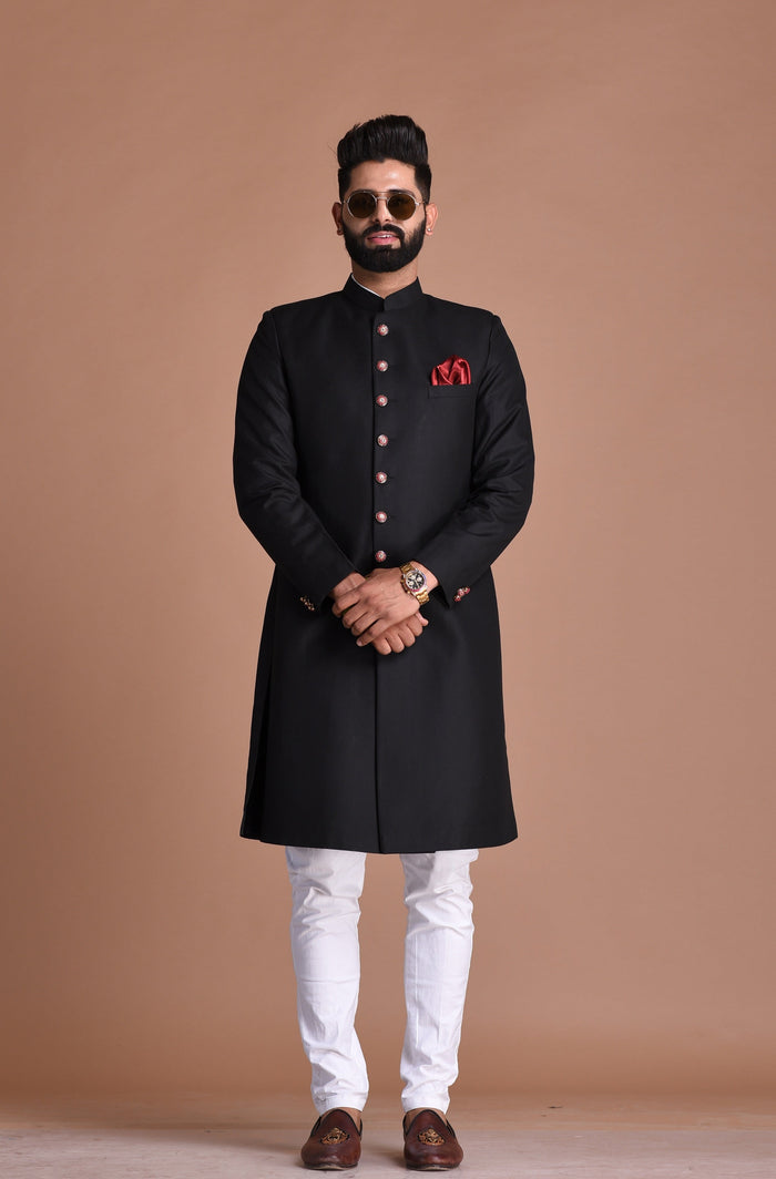 Handmade Royal Black Maharaja Style Achkan