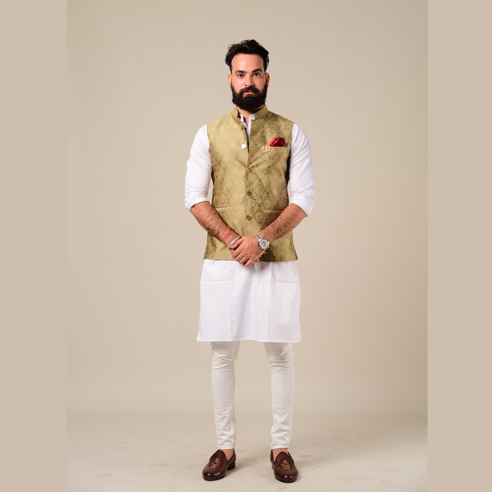 Handmade Royal Gold Kurta Pajama Nehru Modi Jacket Set