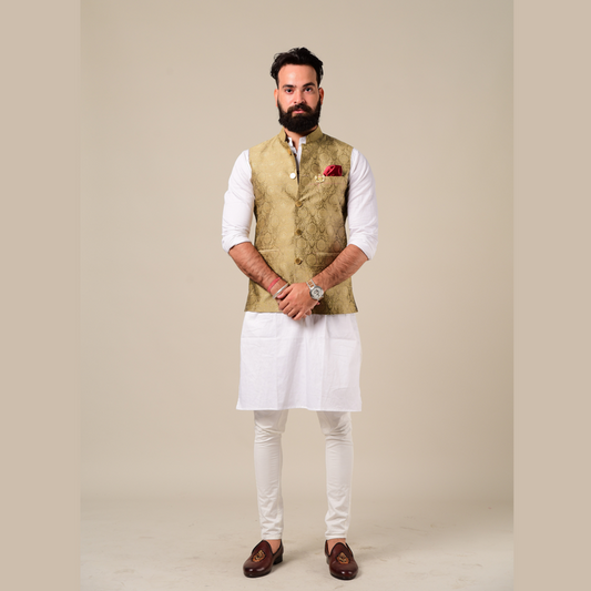 Handmade Royal Gold Kurta Pajama Nehru Modi Jacket Set