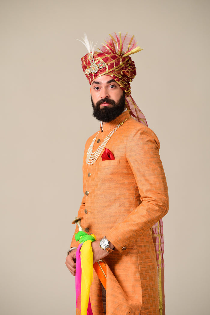 Handmade Royal Orange Brocade Silk Achkan