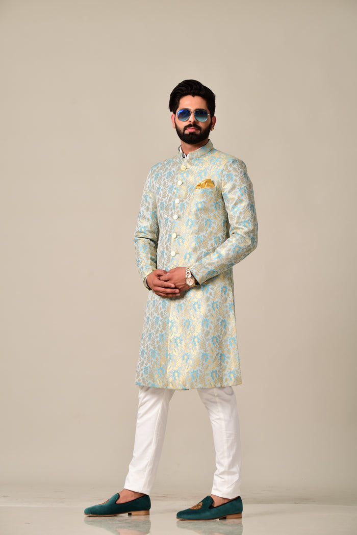 Handmade Sky Blue Gold Maharaja Style Brocade Silk Sherwani