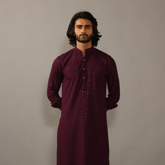 Handmade Wine Chikankaari Embroidered Kurta Pajama Set