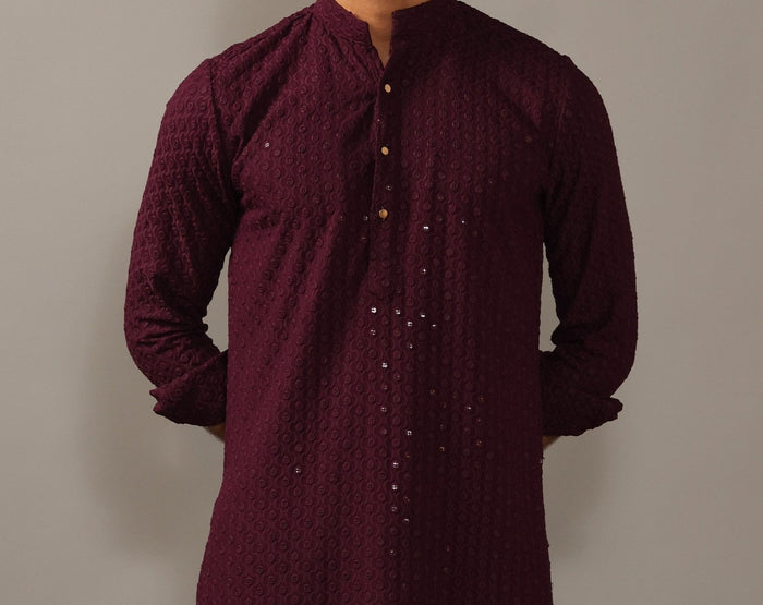 Handmade Wine Chikankaari Embroidered Kurta Pajama Set