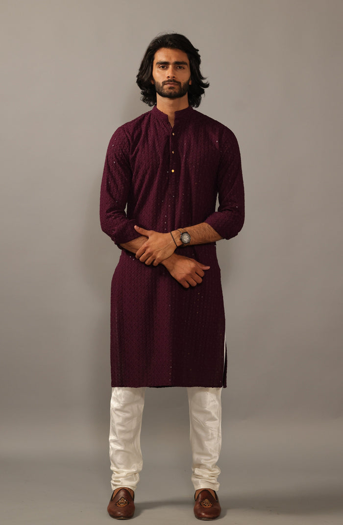 Handmade Wine Chikankaari Embroidered Kurta Pajama Set