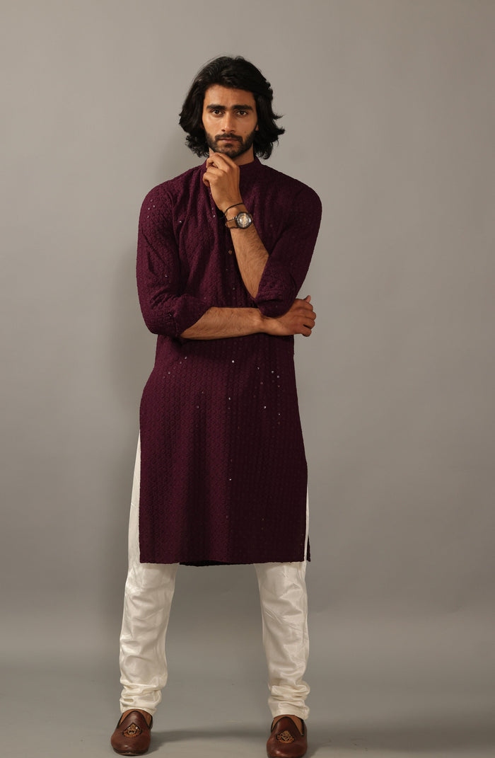 Handmade Wine Chikankaari Embroidered Kurta Pajama Set