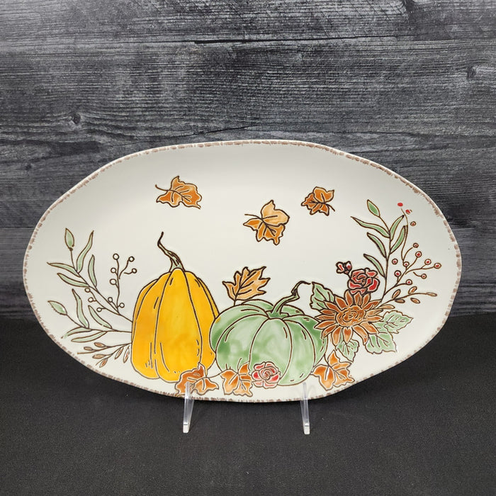 Harvest Autumn Pumpkin Platter Embossed Oval Serving Tray Ceramic Blue Sky 13.5"