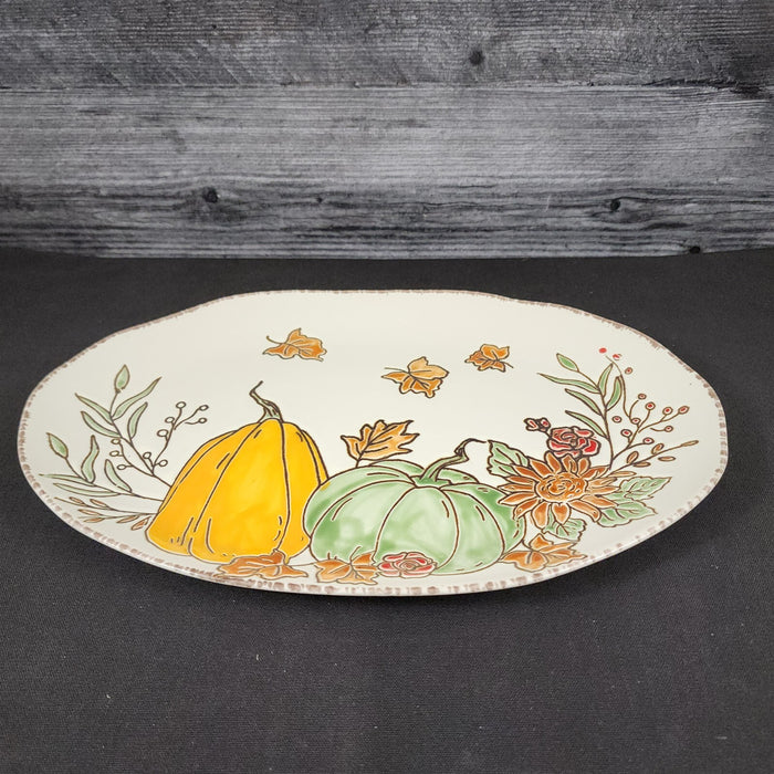 Harvest Autumn Pumpkin Platter Embossed Oval Serving Tray Ceramic Blue Sky 13.5"
