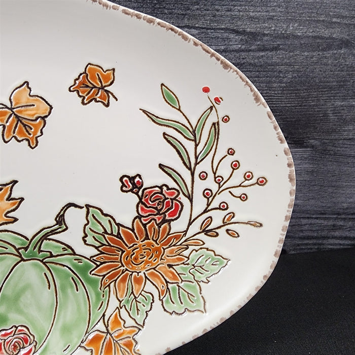 Harvest Autumn Pumpkin Platter Embossed Oval Serving Tray Ceramic Blue Sky 13.5"