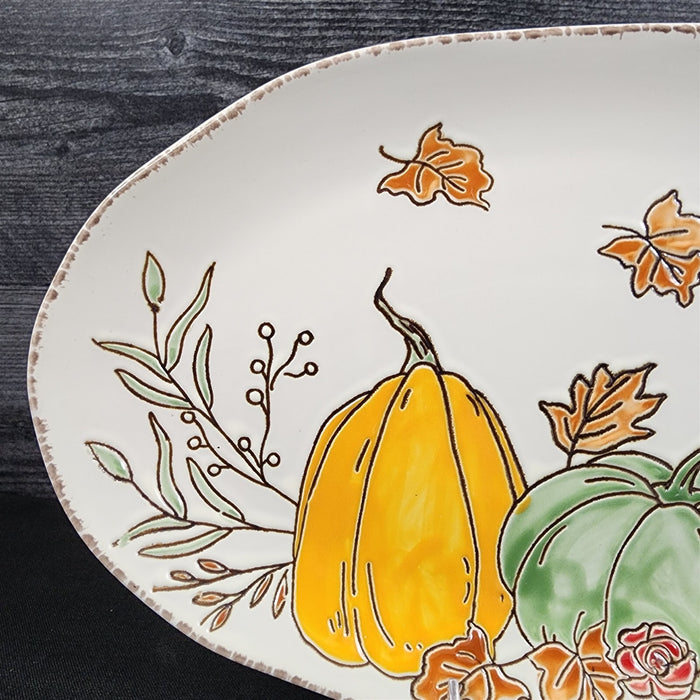 Harvest Autumn Pumpkin Platter Embossed Oval Serving Tray Ceramic Blue Sky 13.5"