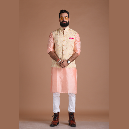 Heavy Lakhnawi Chikankaari  Cream Nehru Jacket With Silk Kurta Pajama