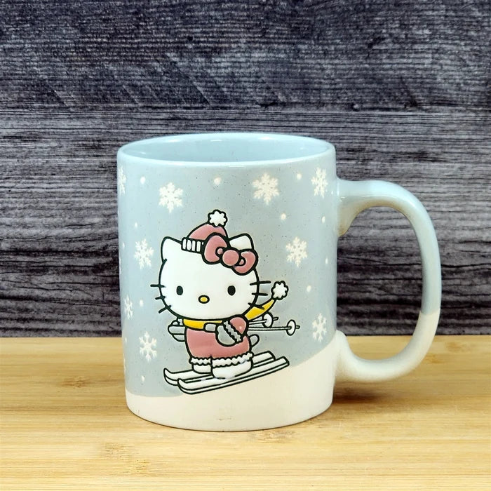 Hello Kitty Downhill Skiing Coffee Mug Ceramic Tea Cup Blue Sky Embossed 18oz