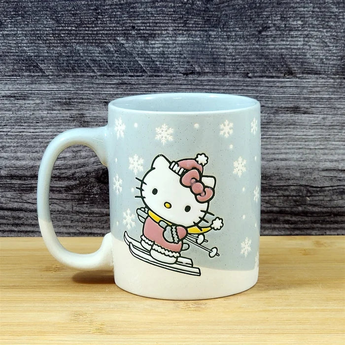 Hello Kitty Downhill Skiing Coffee Mug Ceramic Tea Cup Blue Sky Embossed 18oz