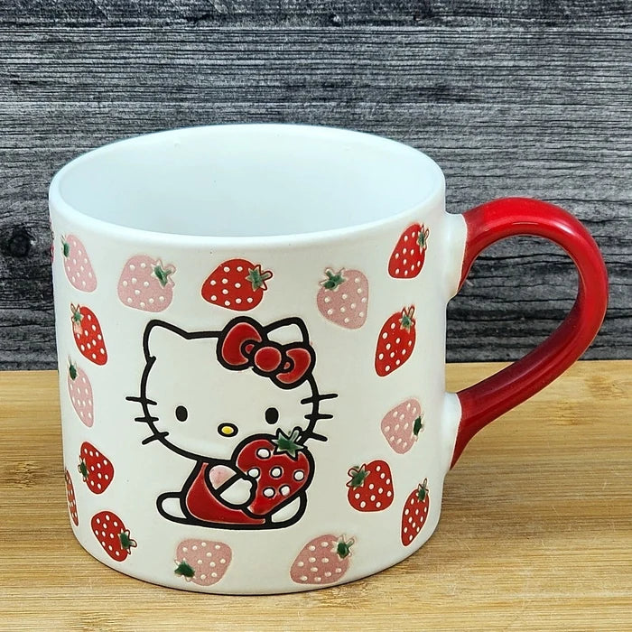Hello Kitty Strawberry Coffee Mug Red Ceramic Tea Cup Blue Sky Embossed 18oz
