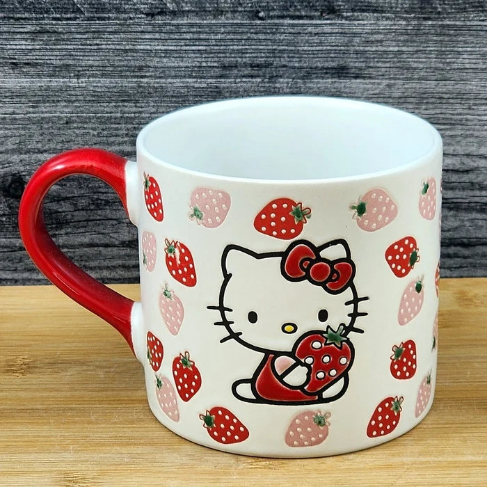 Hello Kitty Strawberry Coffee Mug Red Ceramic Tea Cup Blue Sky Embossed 18oz