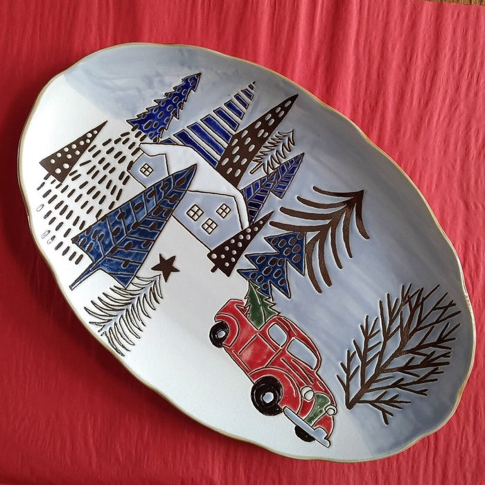 Holiday Christmas Platter Elk Ridge Winter Plate 14" By Blue Sky Clayworks