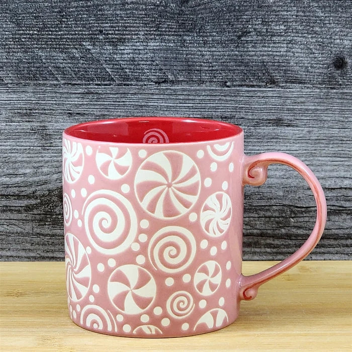 Holiday Coffee Mug Pink Peppermint Candy Christmas Ceramic Cup Red 18oz Blue Sky