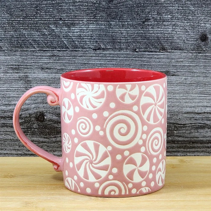 Holiday Coffee Mug Pink Peppermint Candy Christmas Ceramic Cup Red 18oz Blue Sky