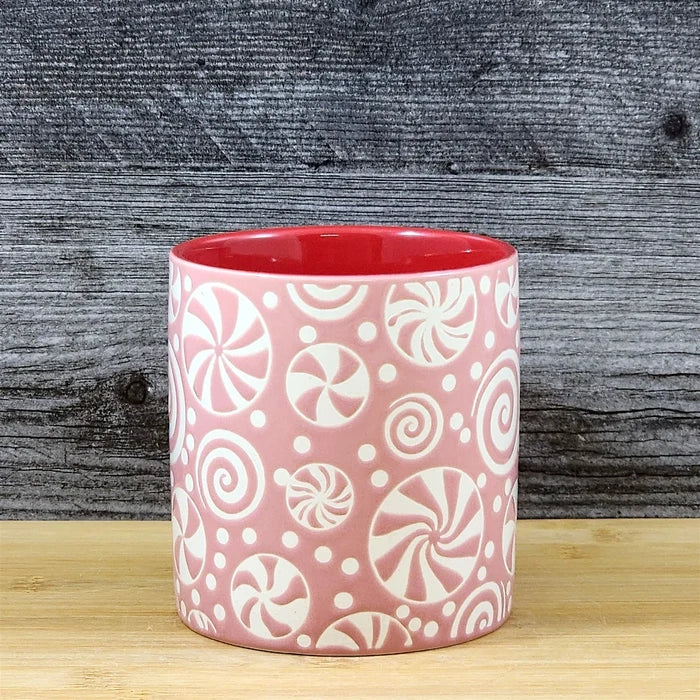 Holiday Coffee Mug Pink Peppermint Candy Christmas Ceramic Cup Red 18oz Blue Sky