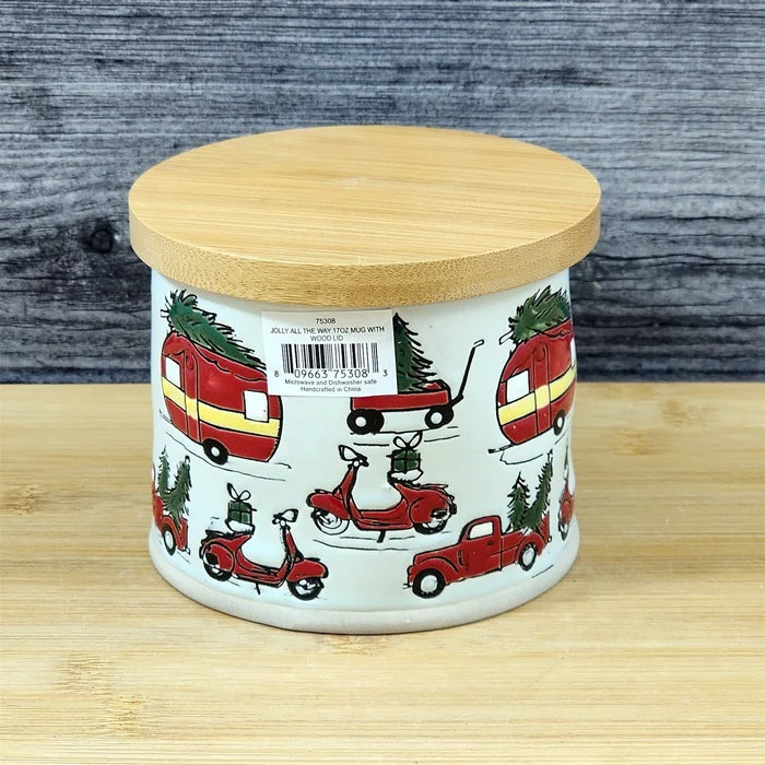 Holiday Coffee Mug with Lid Embossed Christmas Cup Ceramic Red by Blue Sky 17oz