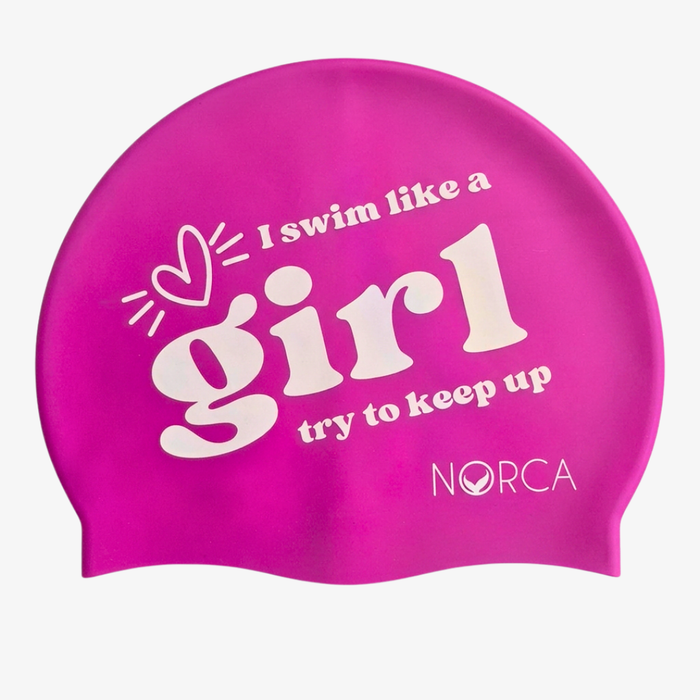 I Swim Like A Girl Try To Keep Up - Silicone Swim Cap - Norca Athletic Swimwear