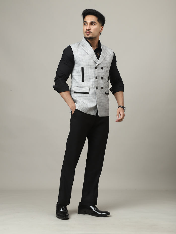 Ice Grey Double-Breasted Bandhgala Half-Jacket