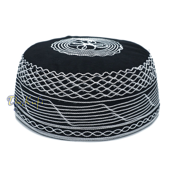 Islamic Kufi Hat | 3" Tall Black Cotton-blend Cap with White Embroidery