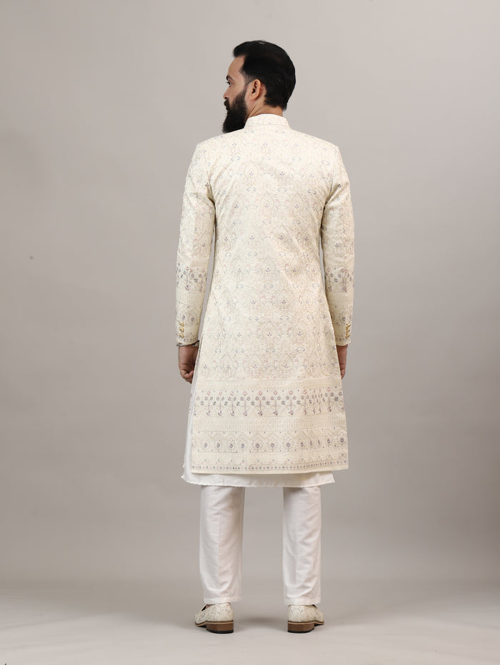 Ivory Embroidered Sherwani Set with Classic Button Detailing | Premium Wedding & Occasion Wear