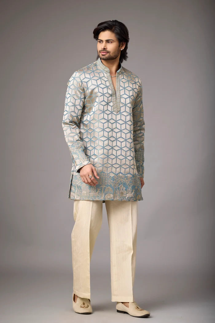 Ivory Geometric Heritage Embroidered Kurta Set for Men | Mahavir NX