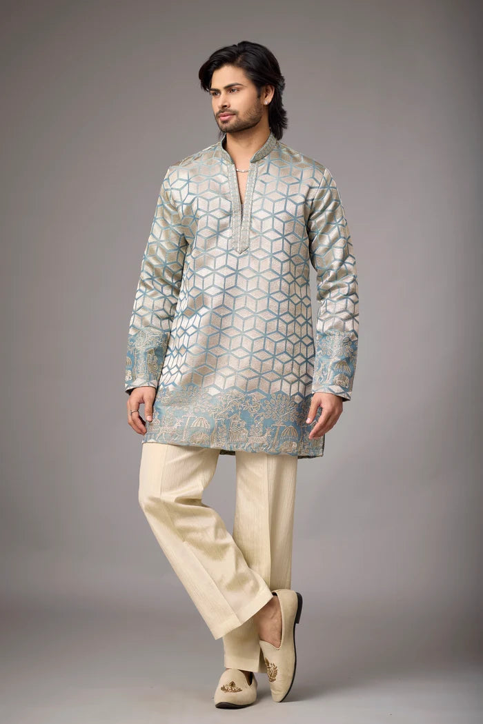 Designer Geometric Kurta Set for Men – Honeycomb Pattern Ethnic Wear | Mahavir NX