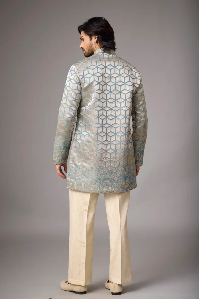 Ivory Geometric Kurta Pajama Set for Men – Front View | Mahavir NX