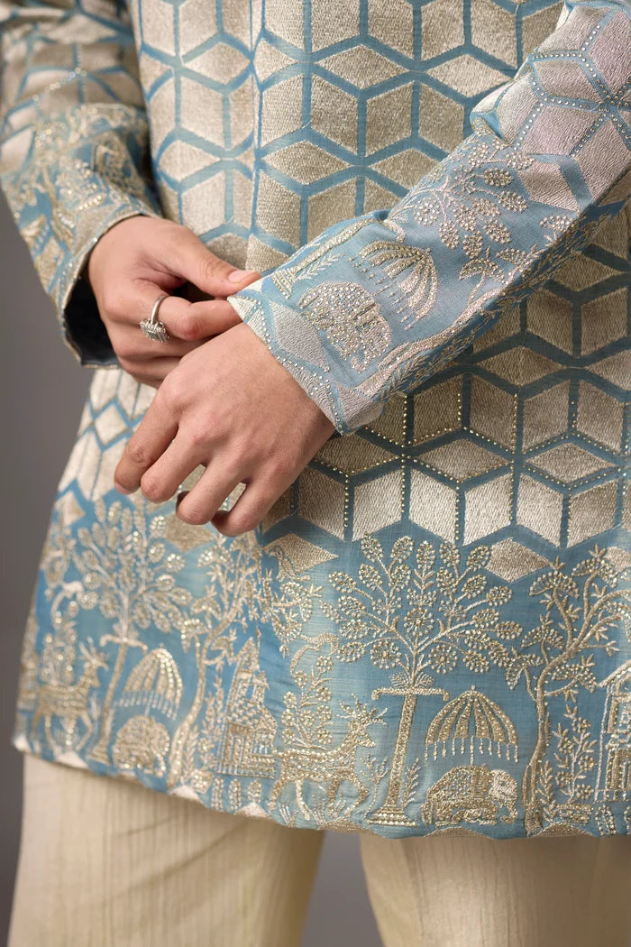 Ivory Geometric Embroidered Kurta Set for Men – Full Length View | Mahavir NX