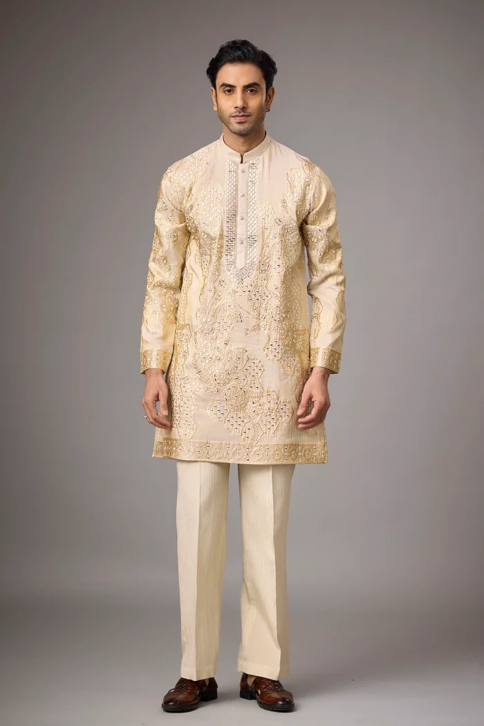 Ivory Gold Heritage Embroidered Kurta Set for Men | Mahavir NX
