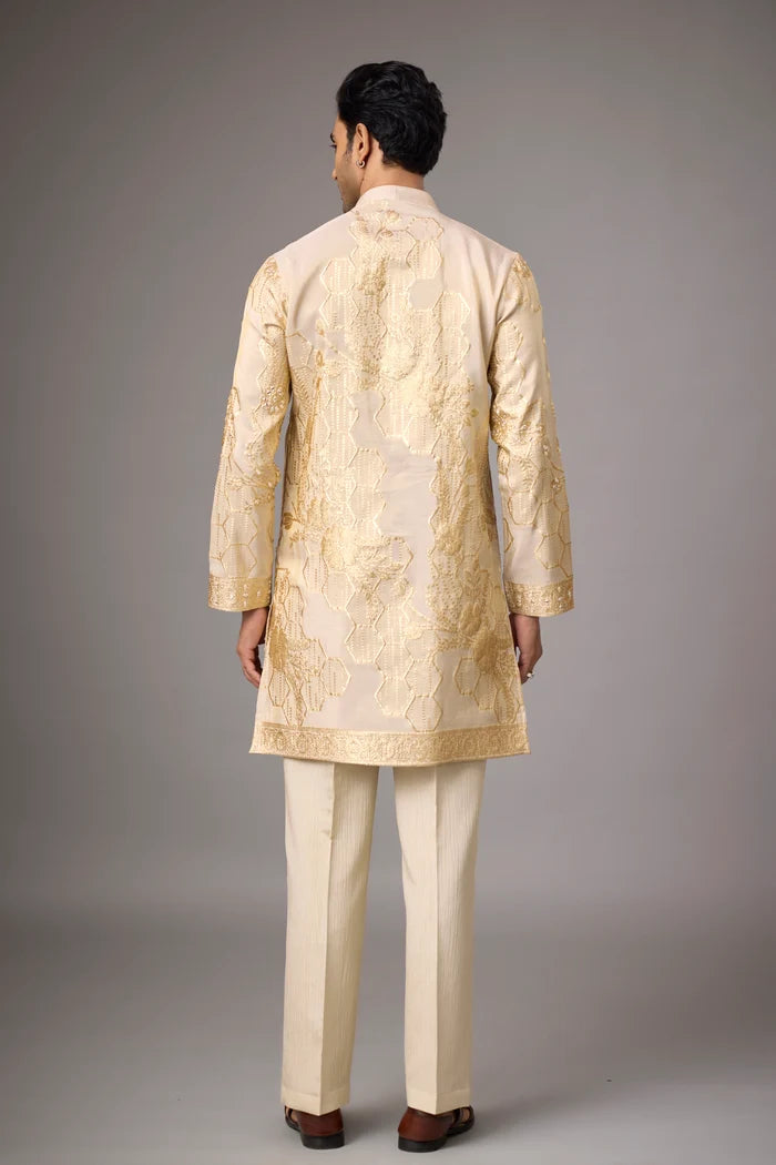Ivory Gold Heritage Kurta Pajama Set – Front View | Mahavir NX