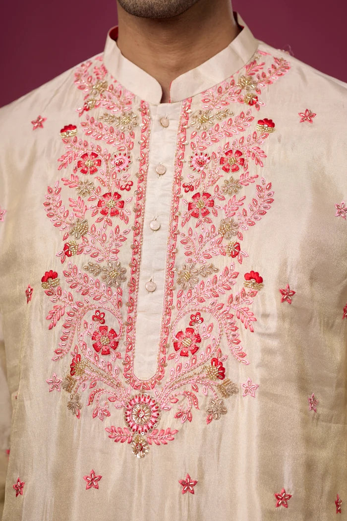 Ivory Rosé Floral Embroidered Kurta Set for Men – Full Length View | Mahavir NX