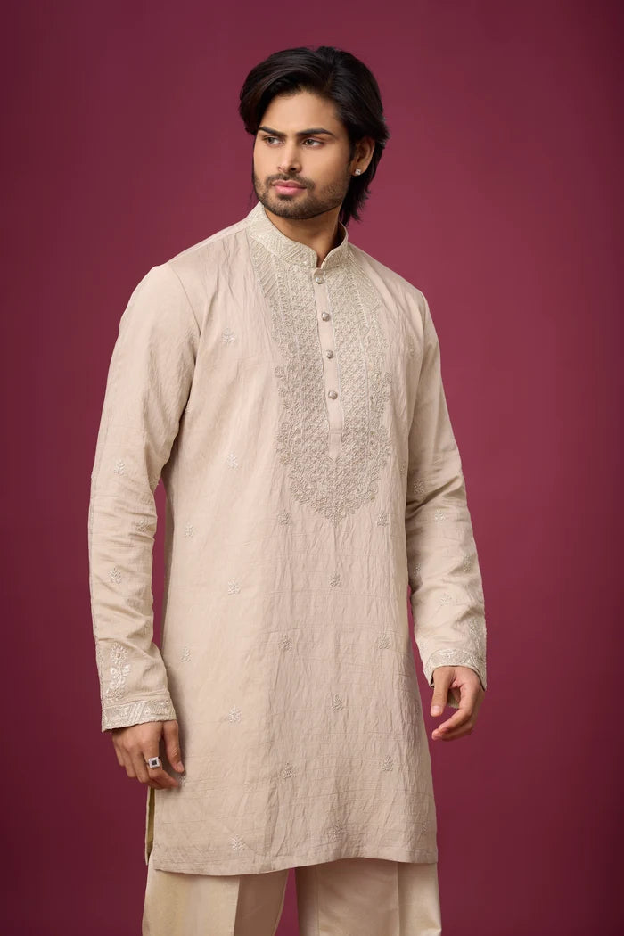 Ivory Sand Kurta Pajama Set with Draped Stole – Front View | Mahavir NX