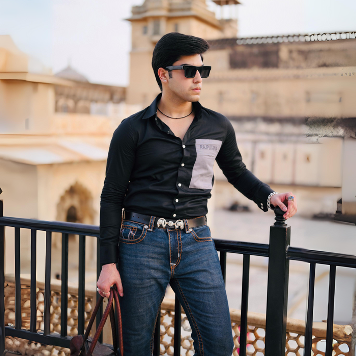 Jade Black Premium Rajputana Shirt with Grey Patch Pocket