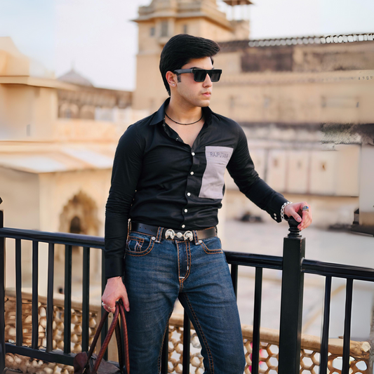 Jade Black Premium Rajputana Shirt with Grey Patch Pocket