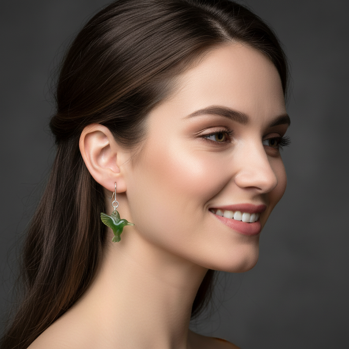 Jade Earrings Green Hummingbirds Sterling Silver