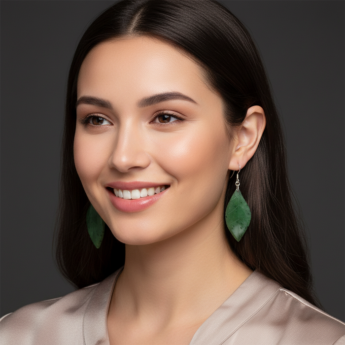 Jade Earrings Green Leaf Canadian Nephrite Sterling Silver