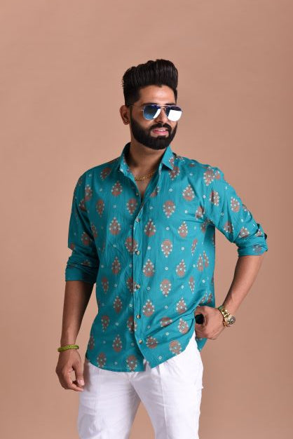 Jade Green Color Sanganeri Printed Shirt