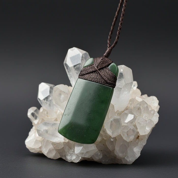 Green jade pendant on a string hanging on a textured stone surface