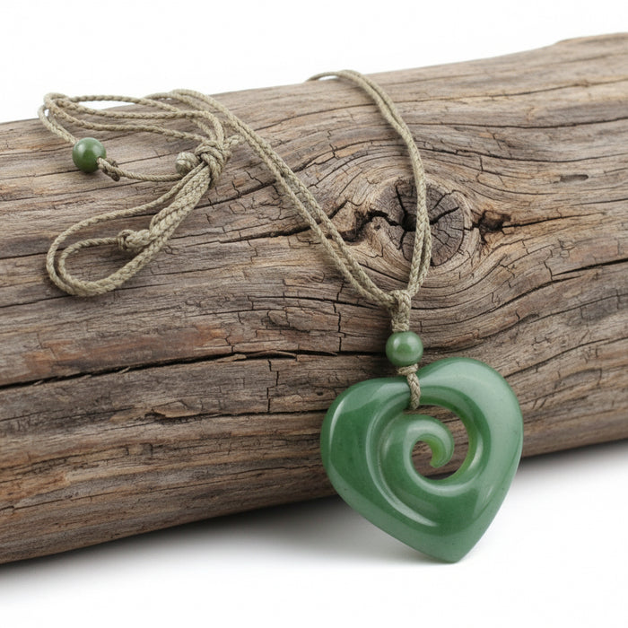 Green jade pendant on a rope against a white background