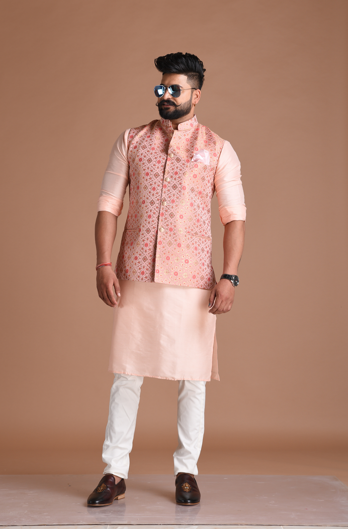Jaipuri Floral Pattern Brocade Silk Pink Nehru Jacket With Kurta Pajama