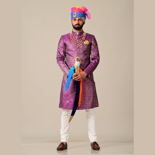 Jam Purple Designer Kimkhab Royal Rajputana Style Achkan
